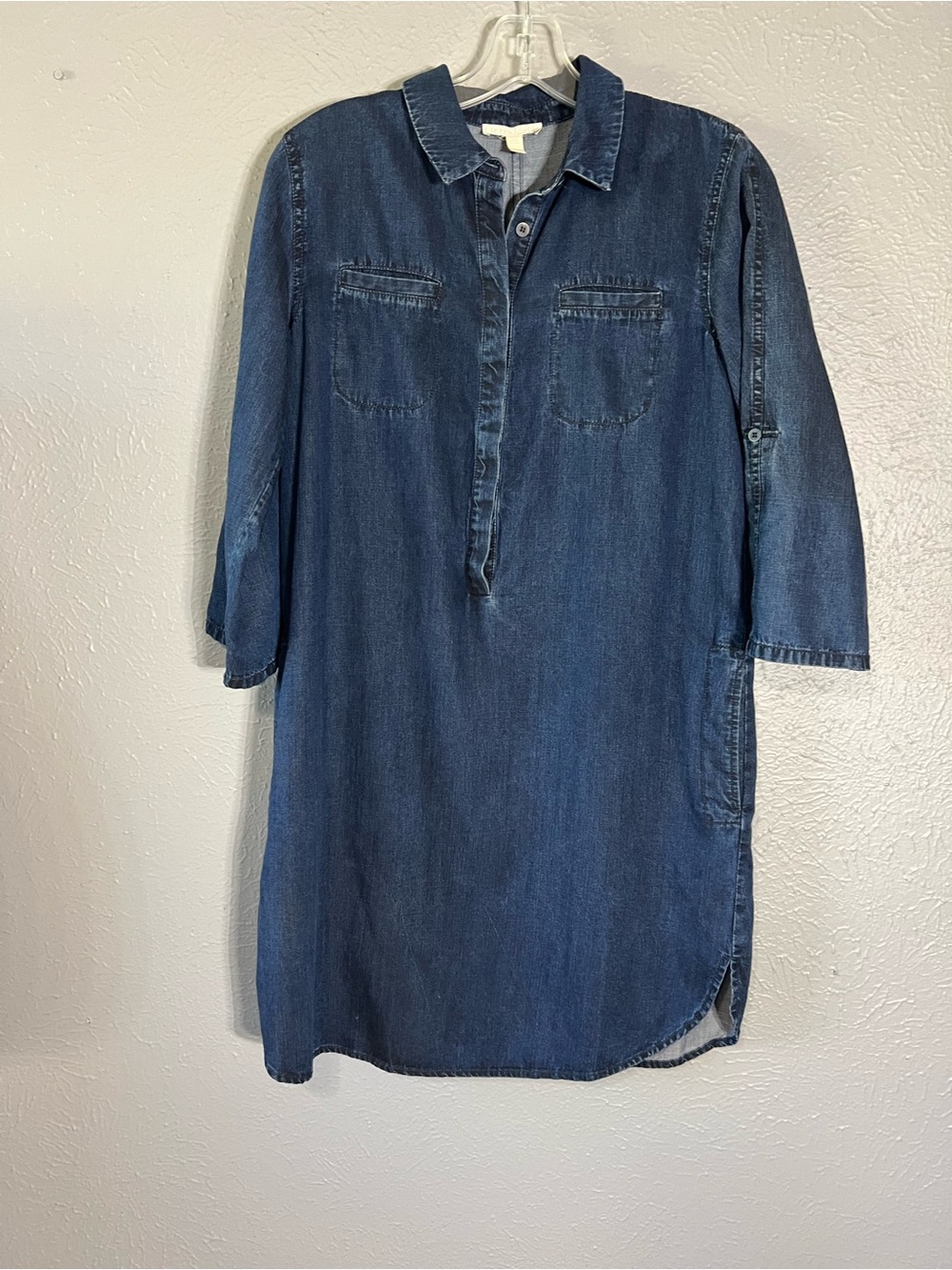 Eileen Fisher Petite Denim Tencel Shirt Dress Blue Roll Tab Sleeve PP Organic